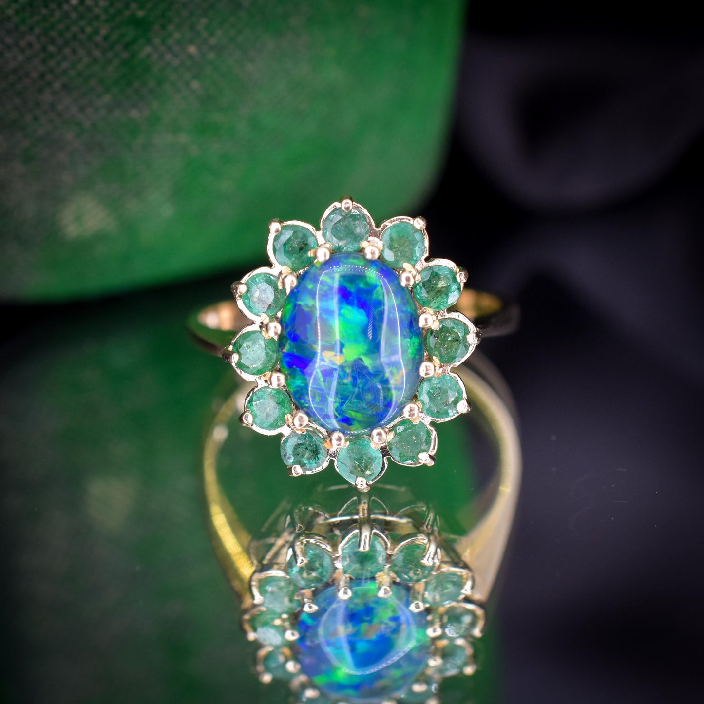 Black Opal Triplet and Emerald Halo Cluster 9ct Yellow Gold Ring