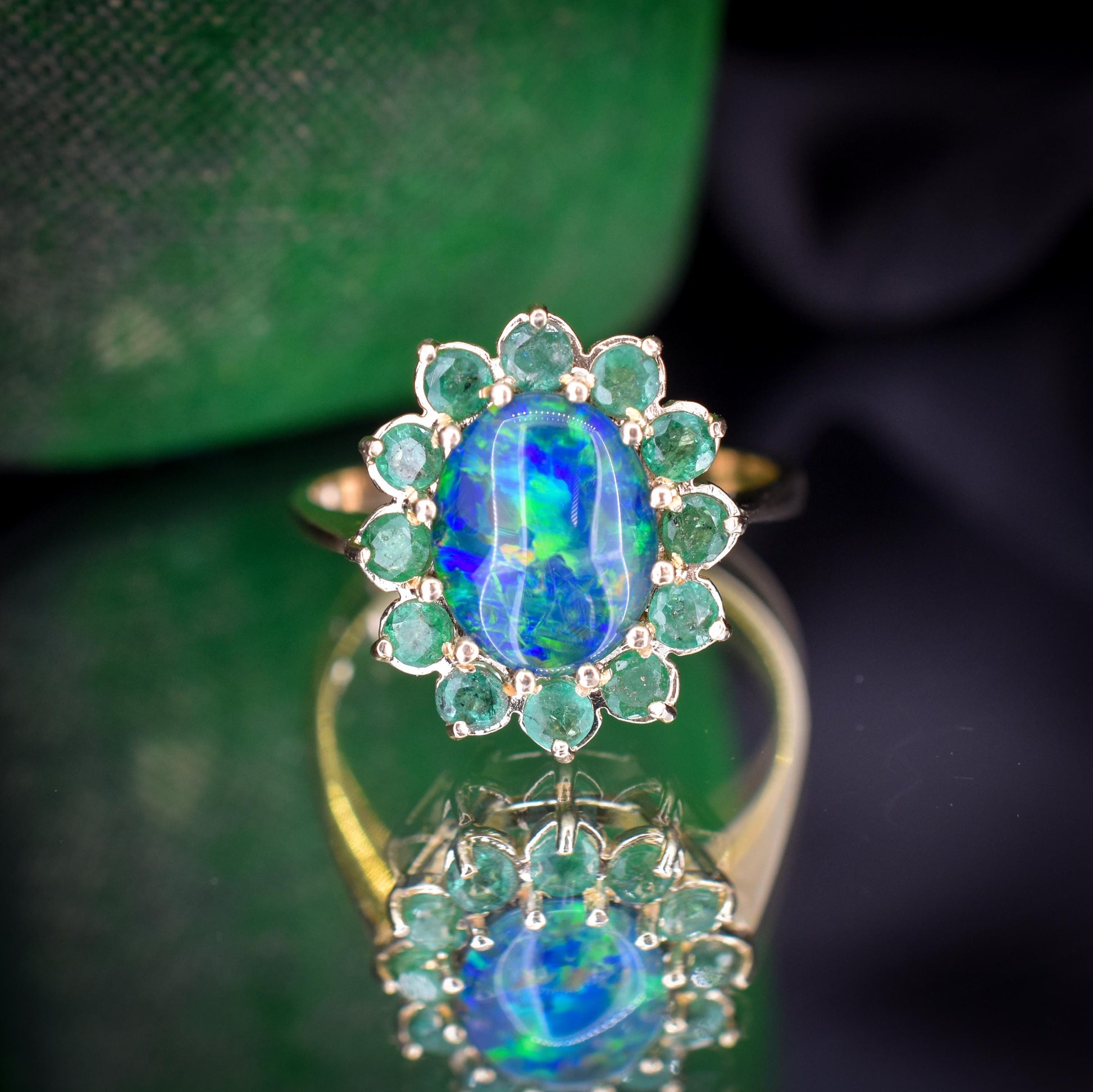 Black Opal Triplet and Emerald Halo Cluster 9ct Yellow Gold Ring