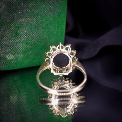 Black Opal Triplet and Emerald Halo Cluster 9ct Yellow Gold Ring