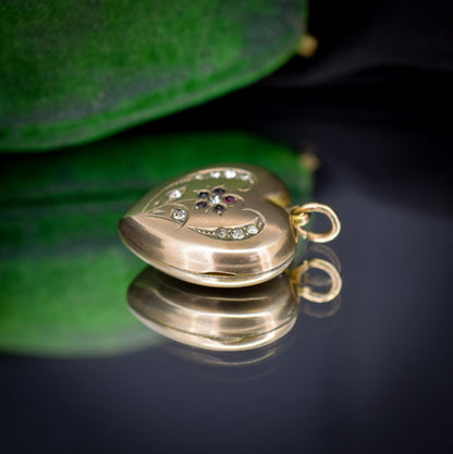 Antique 9ct Gold Floral Paste Heart Locket Pendant