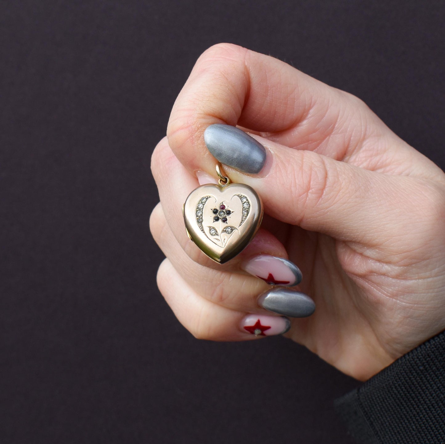 Antique 9ct Gold Floral Paste Heart Locket Pendant