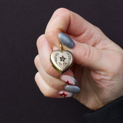Antique 9ct Gold Floral Paste Heart Locket Pendant