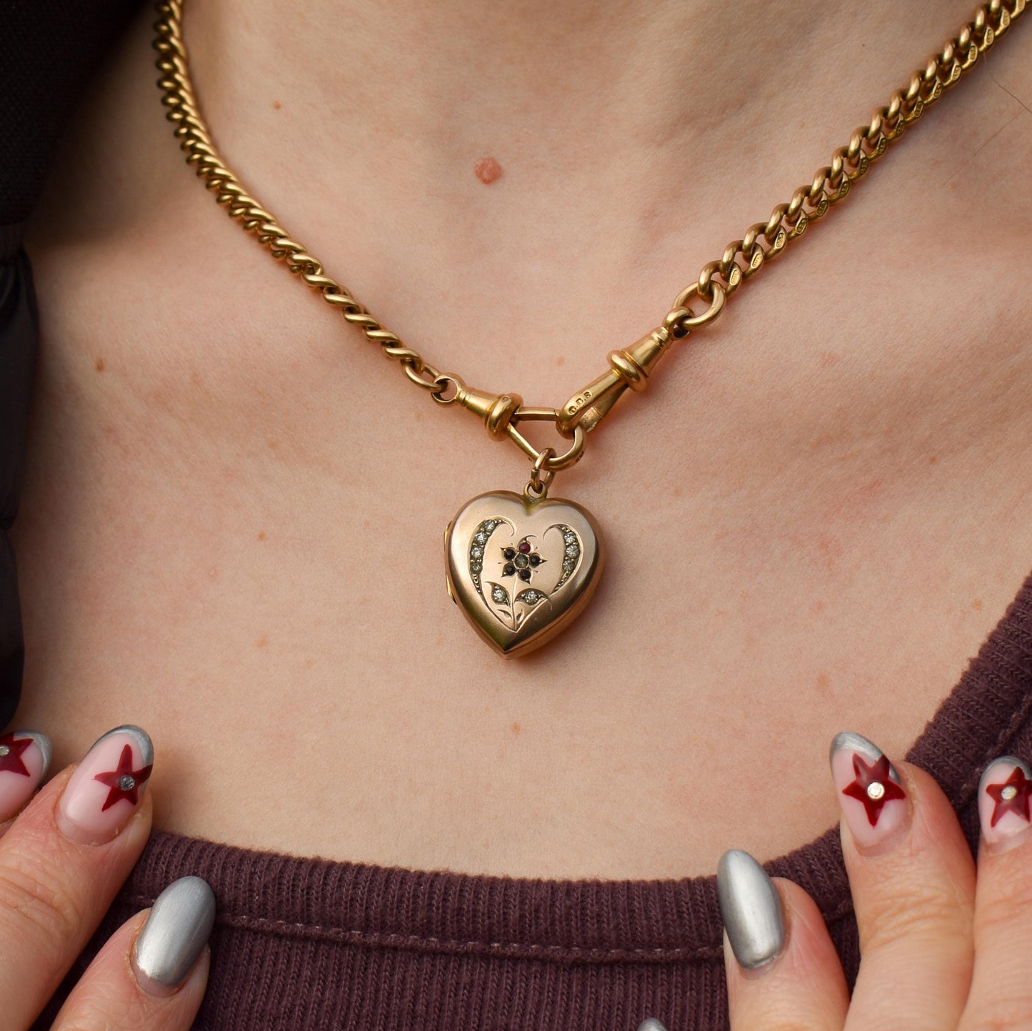 Antique 9ct Gold Floral Paste Heart Locket Pendant