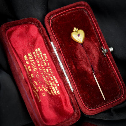 Antique Ruby Heart 9ct Gold Stick Pin