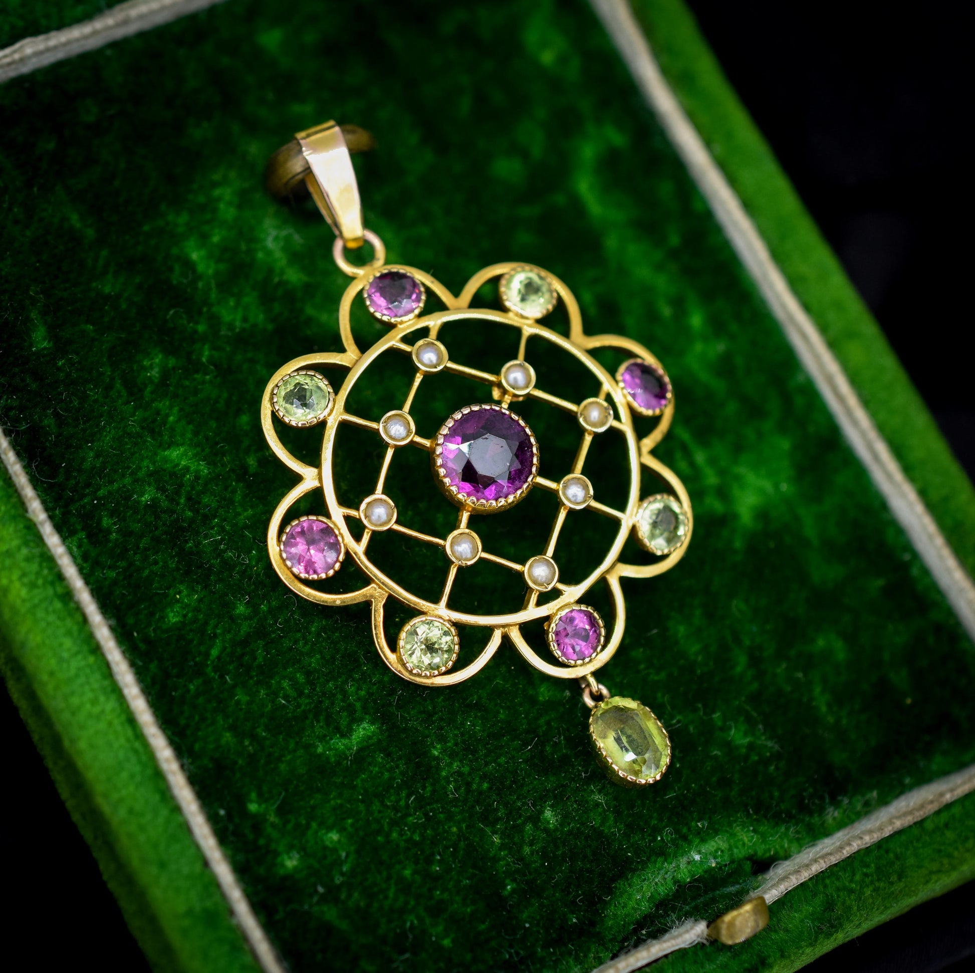 Antique Peridot Pearl and Almadine Garnet 9ct Gold Pendant | Murrle Bennett