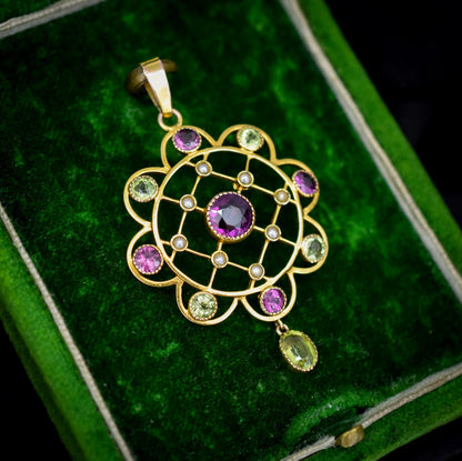 Antique Peridot Pearl and Almadine Garnet 9ct Gold Pendant | Murrle Bennett