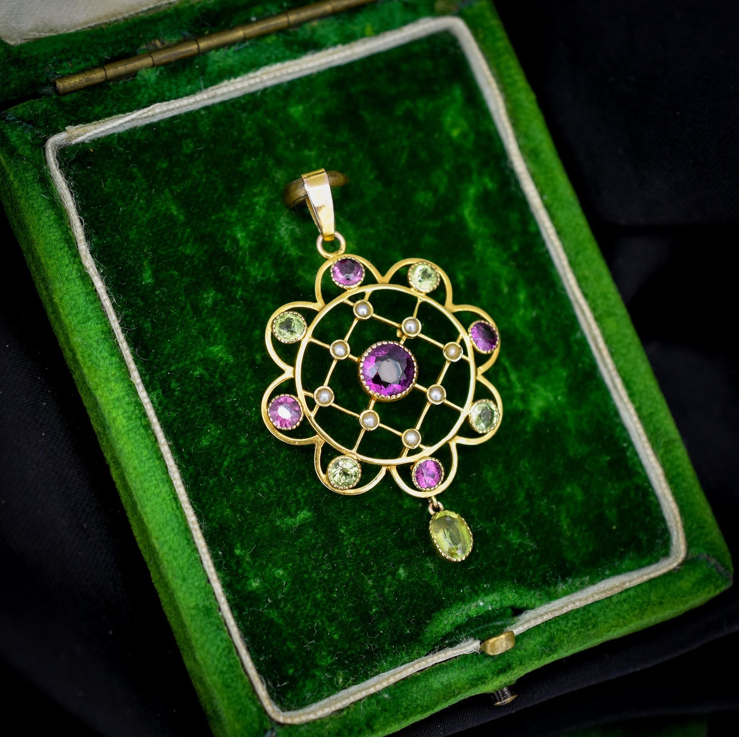 Antique Peridot Pearl and Almadine Garnet 9ct Gold Pendant | Murrle Bennett