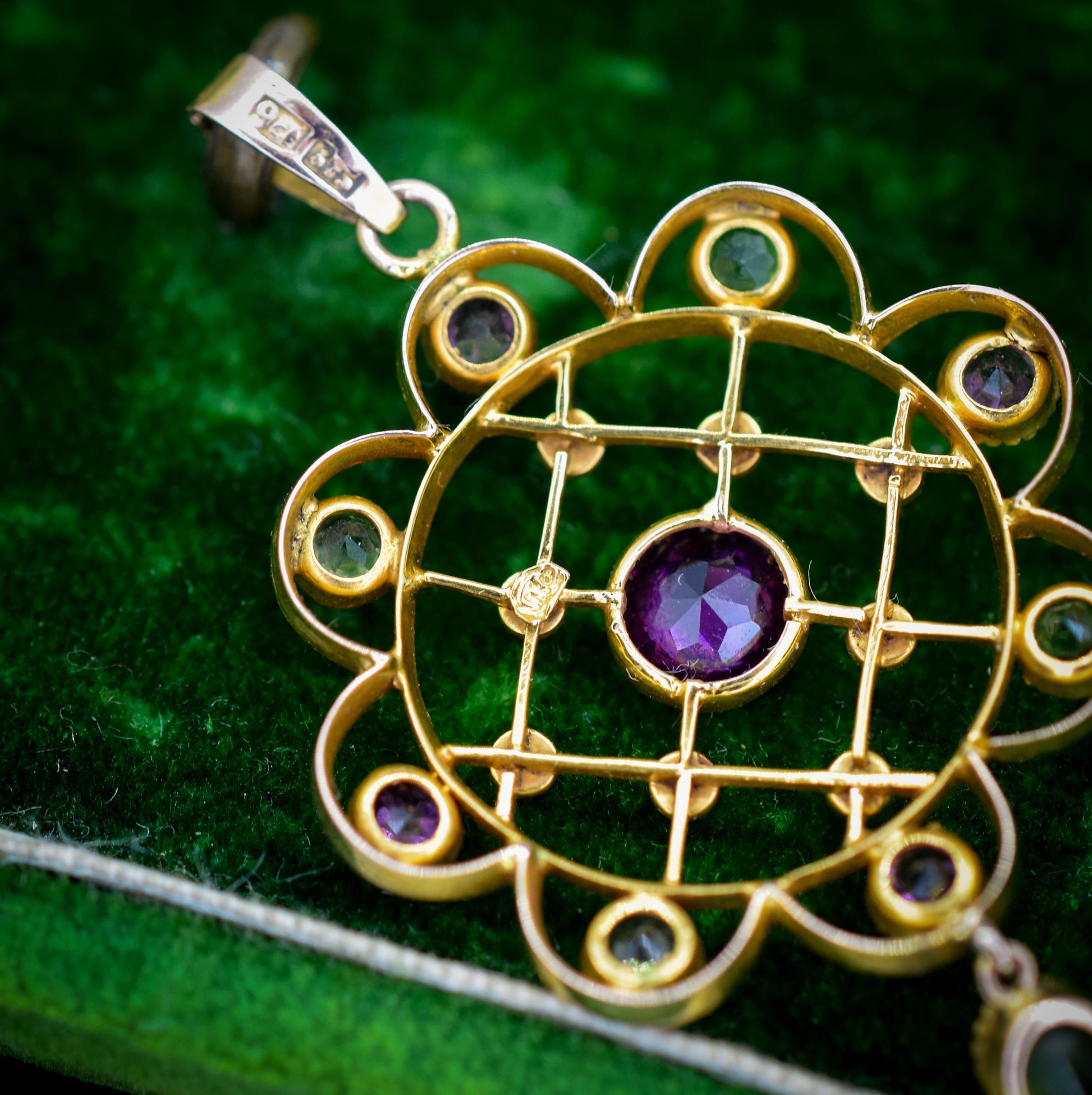 Antique Peridot Pearl and Almadine Garnet 9ct Gold Pendant | Murrle Bennett