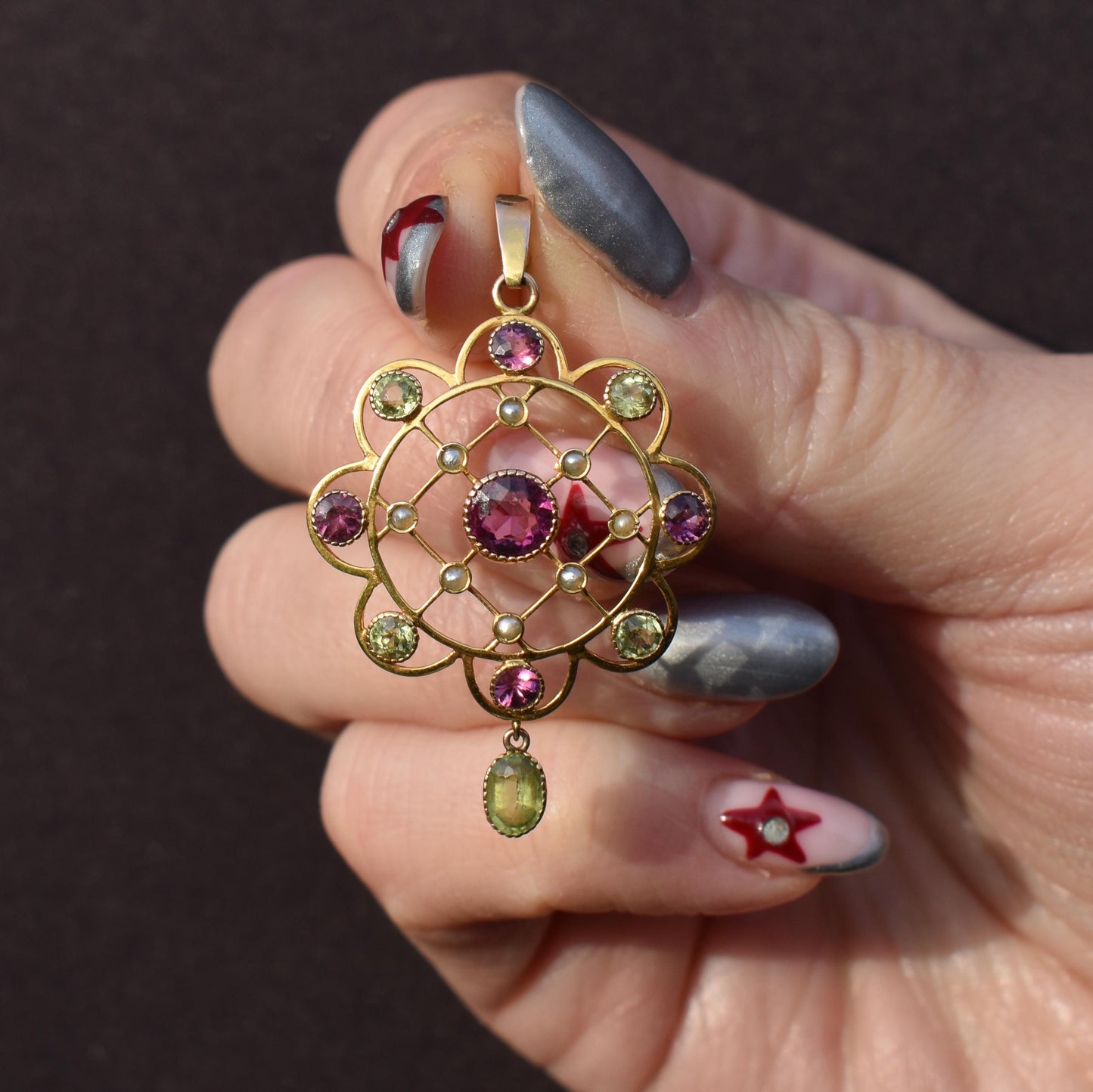 Antique Peridot Pearl and Almadine Garnet 9ct Gold Pendant | Murrle Bennett