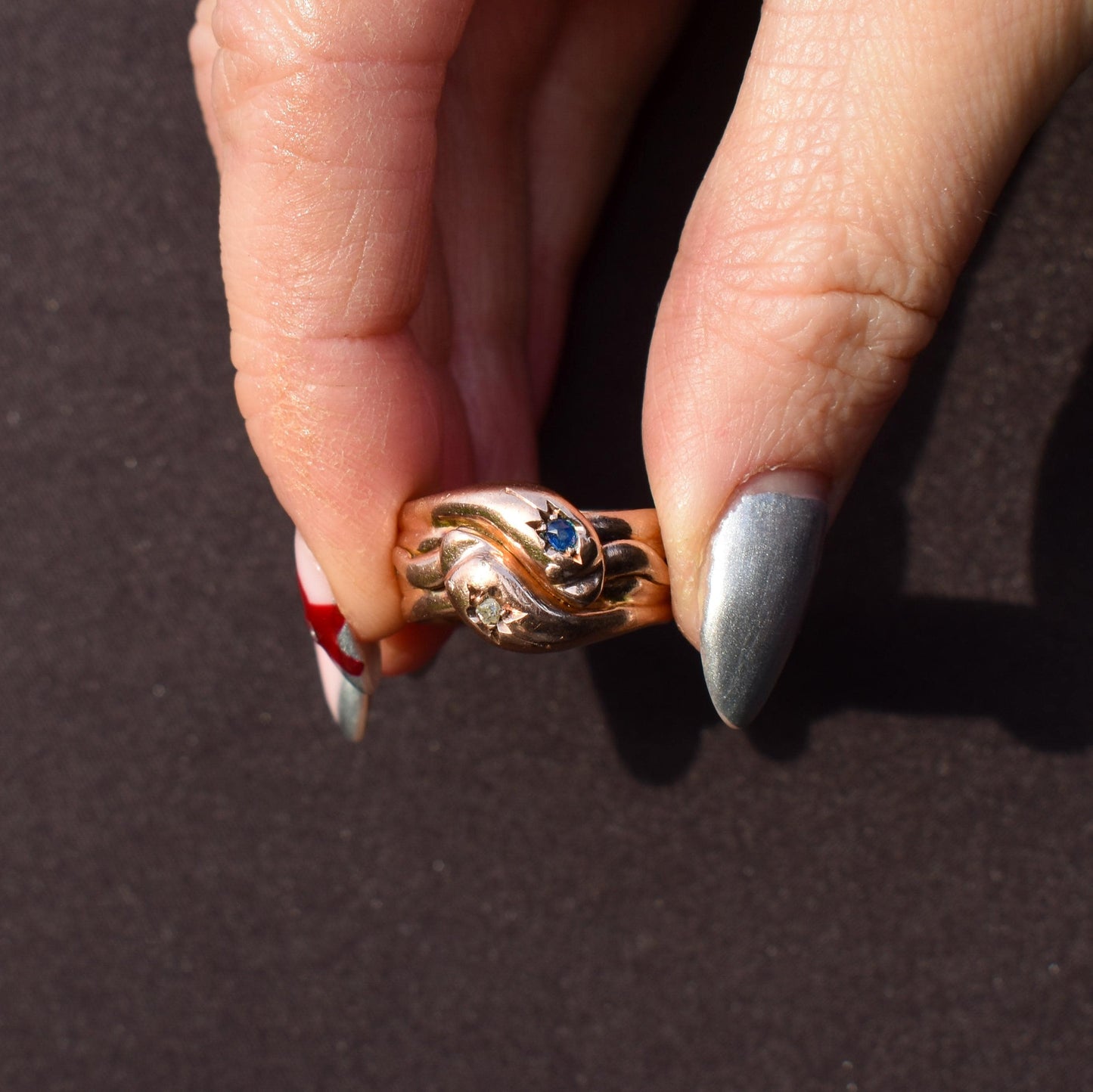 Antique Diamond and Sapphire Snake Serpent 9ct Gold Band Ring | Chester 1904