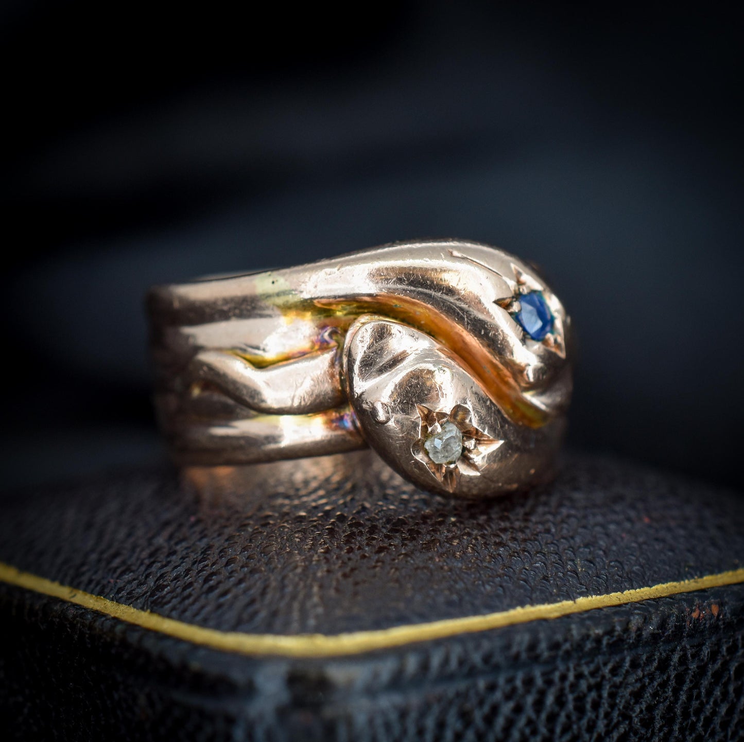 Antique Diamond and Sapphire Snake Serpent 9ct Gold Band Ring | Chester 1904