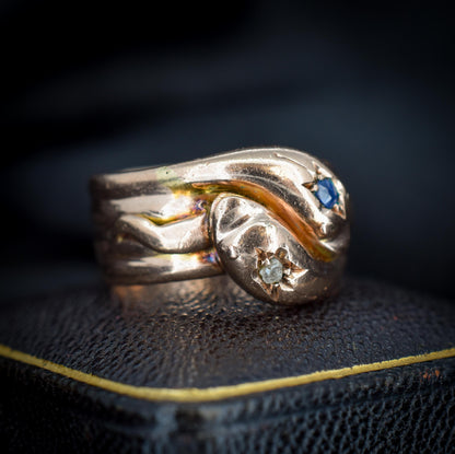 Antique Diamond and Sapphire Snake Serpent 9ct Gold Band Ring | Chester 1904