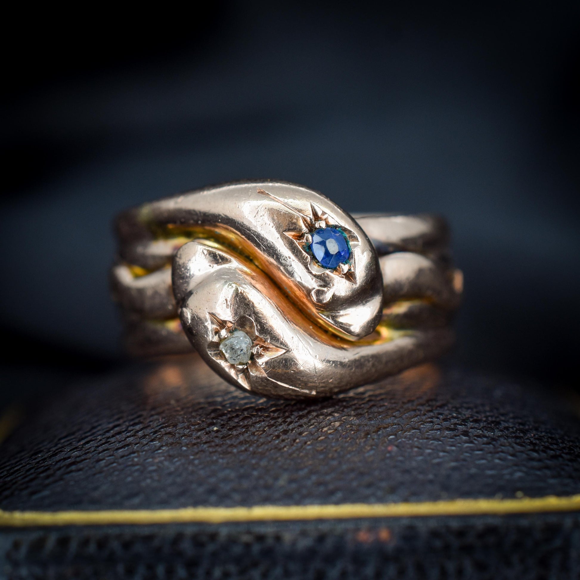 Antique Diamond and Sapphire Snake Serpent 9ct Gold Band Ring | Chester 1904