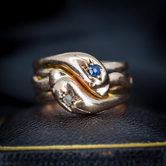 Antique Diamond and Sapphire Snake Serpent 9ct Gold Band Ring | Chester 1904