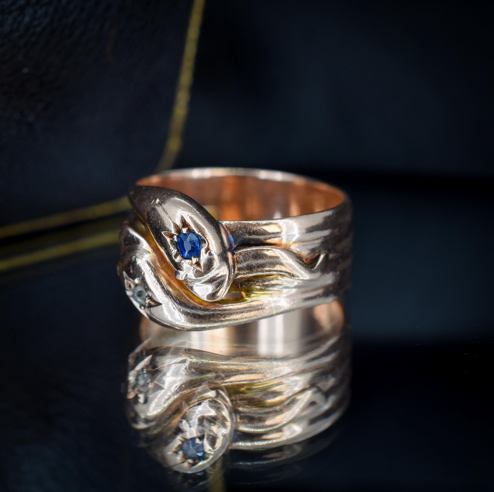 Antique Diamond and Sapphire Snake Serpent 9ct Gold Band Ring | Chester 1904
