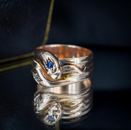 Antique Diamond and Sapphire Snake Serpent 9ct Gold Band Ring | Chester 1904
