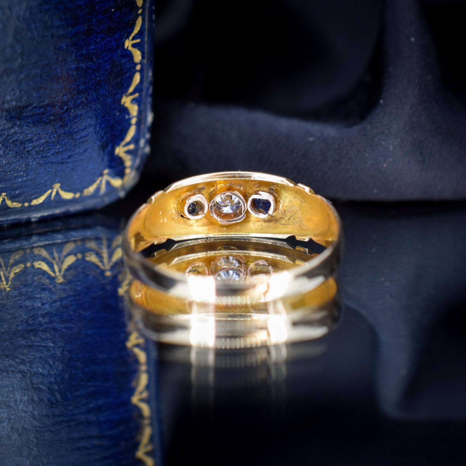 Antique Victorian Sapphire and Diamond Gypsy 18ct Yellow Gold Ring - Dated 1883