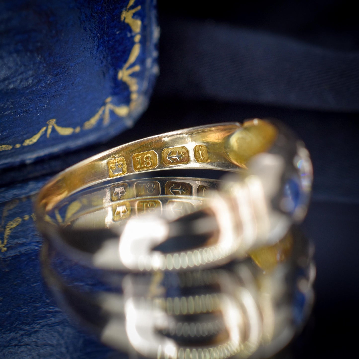 Antique Victorian Sapphire and Diamond Gypsy 18ct Yellow Gold Ring - Dated 1883