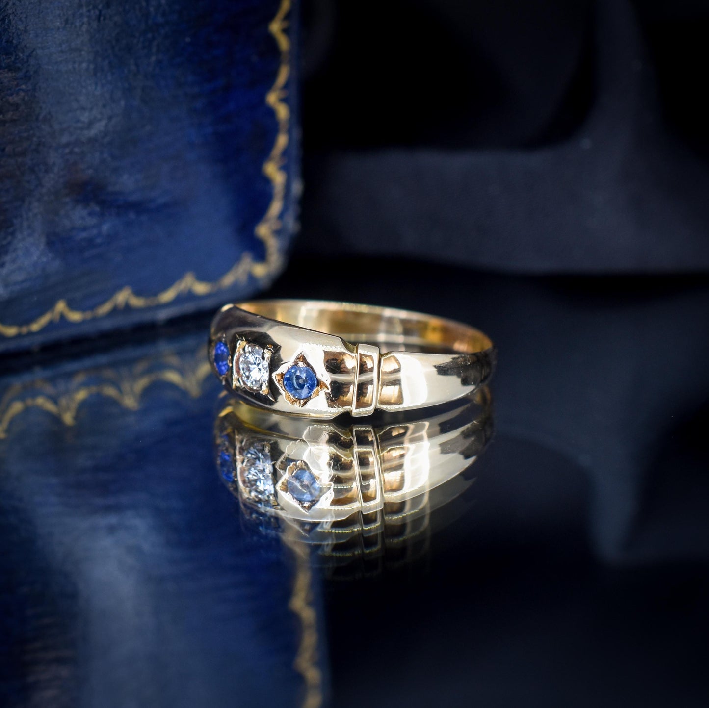 Antique Victorian Sapphire and Diamond Gypsy 18ct Yellow Gold Ring - Dated 1883