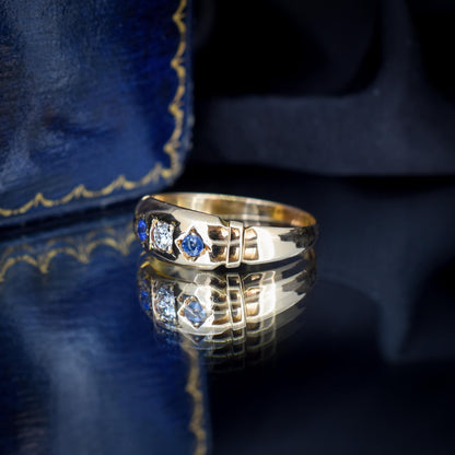 Antique Victorian Sapphire and Diamond Gypsy 18ct Yellow Gold Ring - Dated 1883