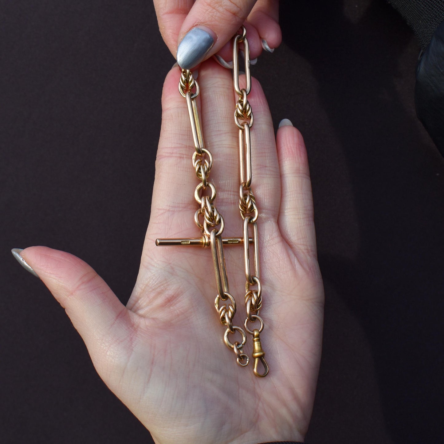 Antique 15ct Gold Love Knot and Trombone Watch Chain with Dog Clip | 11.5"