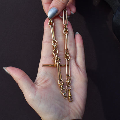 Antique 15ct Gold Love Knot and Trombone Watch Chain with Dog Clip | 11.5"