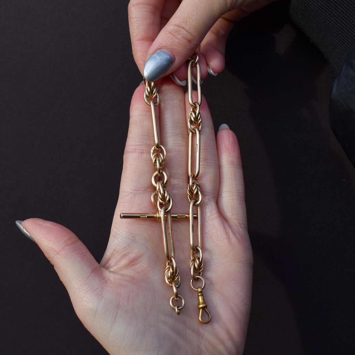 Antique 15ct Gold Love Knot and Trombone Watch Chain with Dog Clip | 11.5"