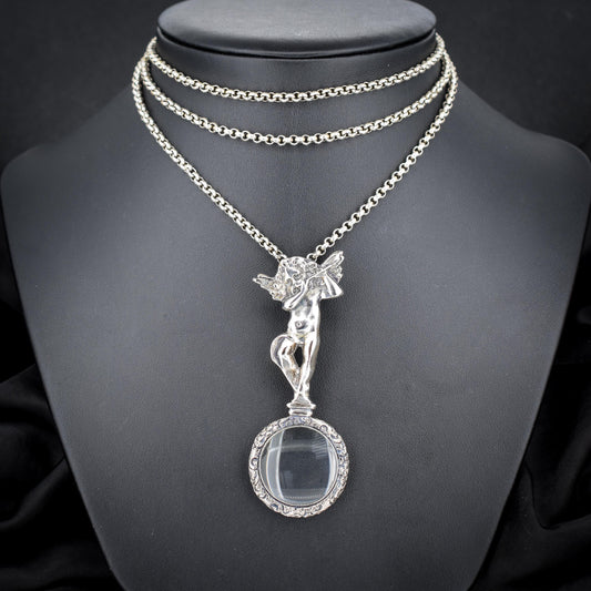 Vintage Silver Quizzing Magnifying Glass Pendant Chain Necklace | 36"