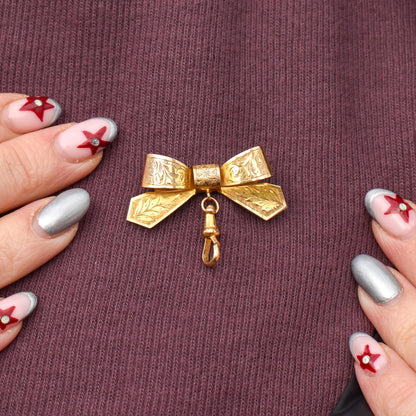 Antique Chester '1923' 9ct Gold Engraved Bow Brooch with Dog Clip Drop