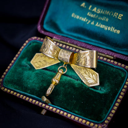 Antique Chester '1923' 9ct Gold Engraved Bow Brooch with Dog Clip Drop