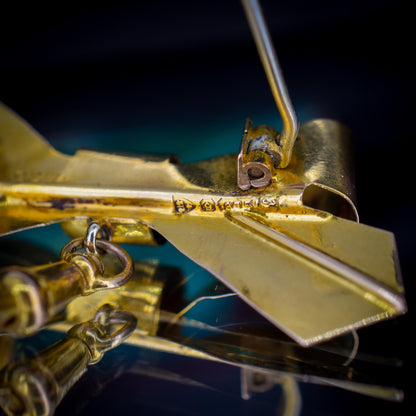 Antique Chester '1923' 9ct Gold Engraved Bow Brooch with Dog Clip Drop