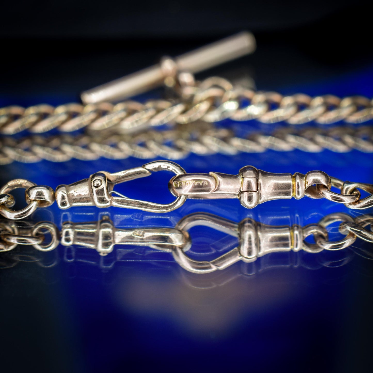 Vintage 18.75" 9ct Rose Gold Curb Link Double Albert Watch Chain Necklace