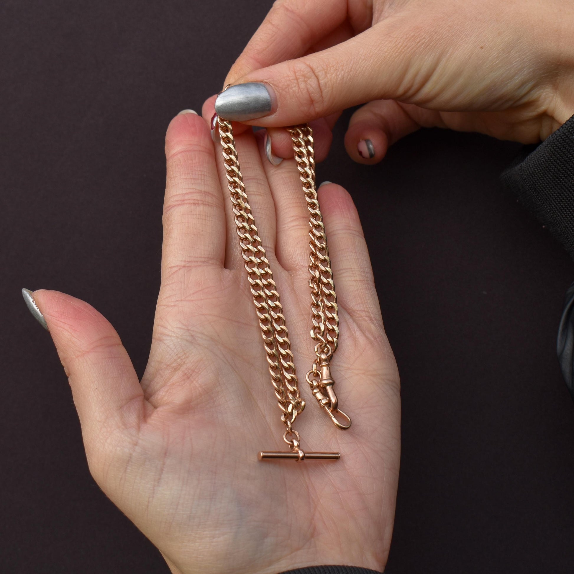 Vintage 18.75" 9ct Rose Gold Curb Link Double Albert Watch Chain Necklace