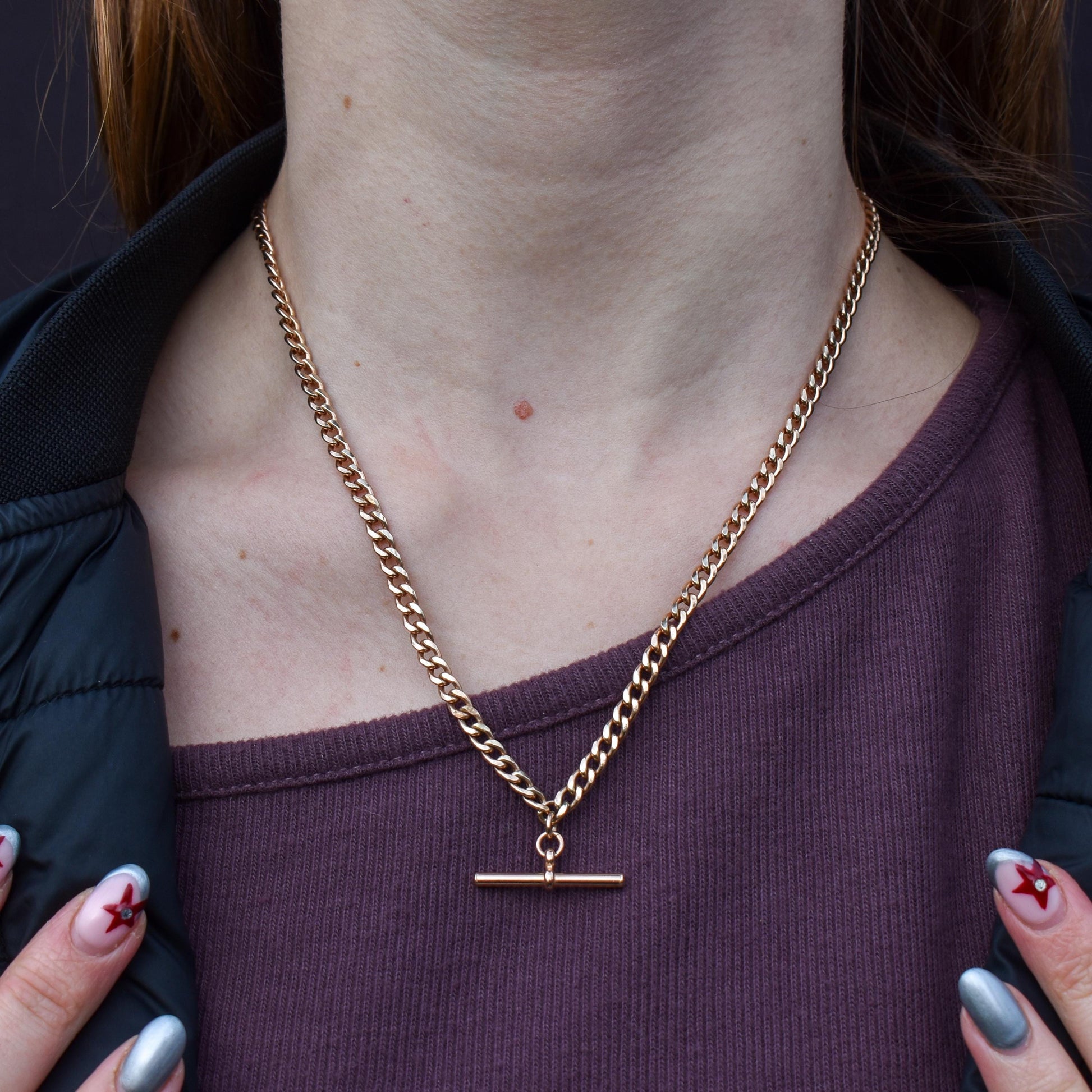 Vintage 18.75" 9ct Rose Gold Curb Link Double Albert Watch Chain Necklace