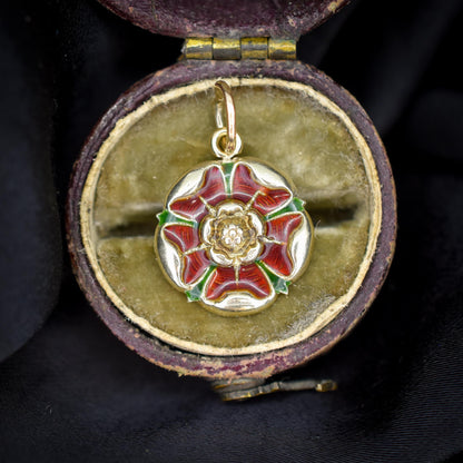 Vintage Red Rose of Lancashire Enamel 9ct Gold Charm