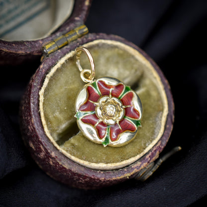 Vintage Red Rose of Lancashire Enamel 9ct Gold Charm