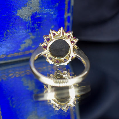 Opal Triplet and Ruby Halo Cluster 9ct Yellow Gold Ring