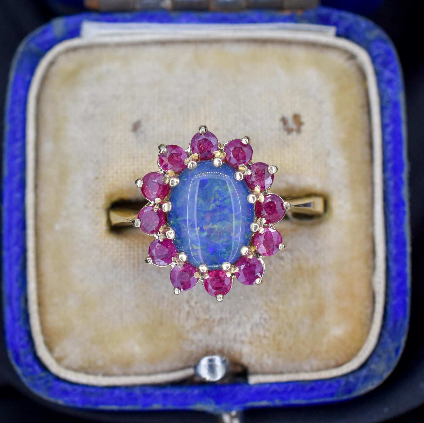 Opal Triplet and Ruby Halo Cluster 9ct Yellow Gold Ring