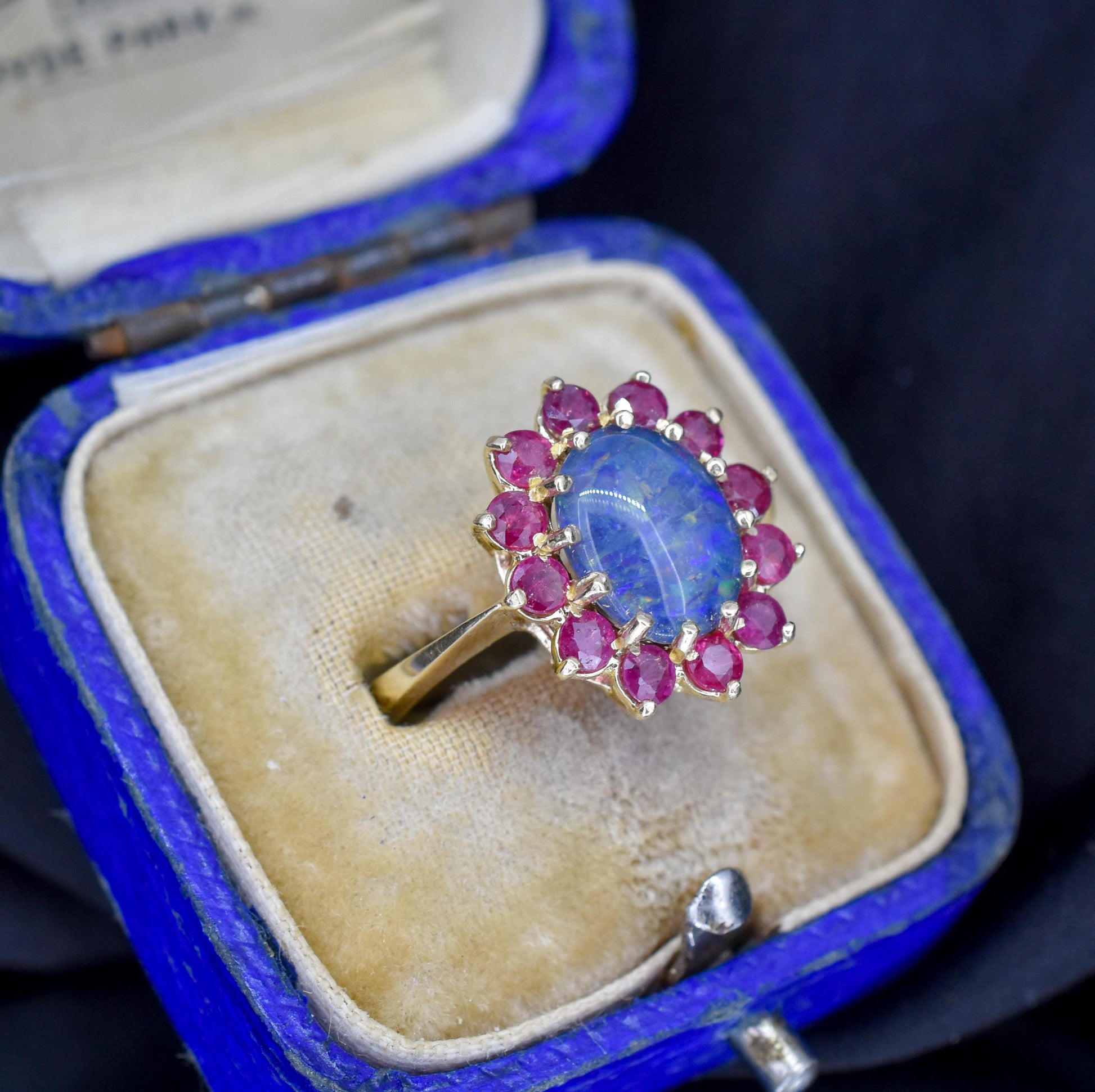 Opal Triplet and Ruby Halo Cluster 9ct Yellow Gold Ring