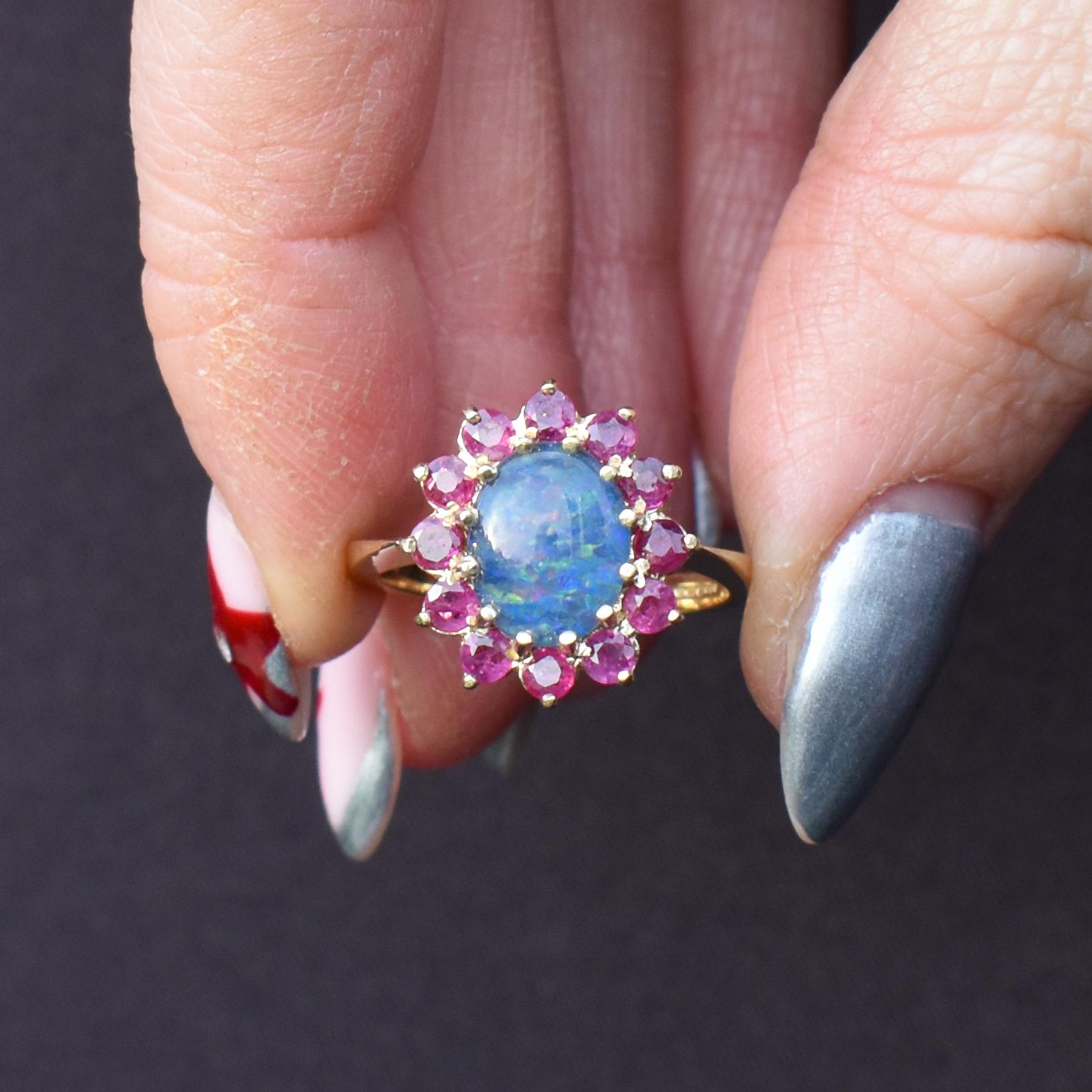 Opal Triplet and Ruby Halo Cluster 9ct Yellow Gold Ring