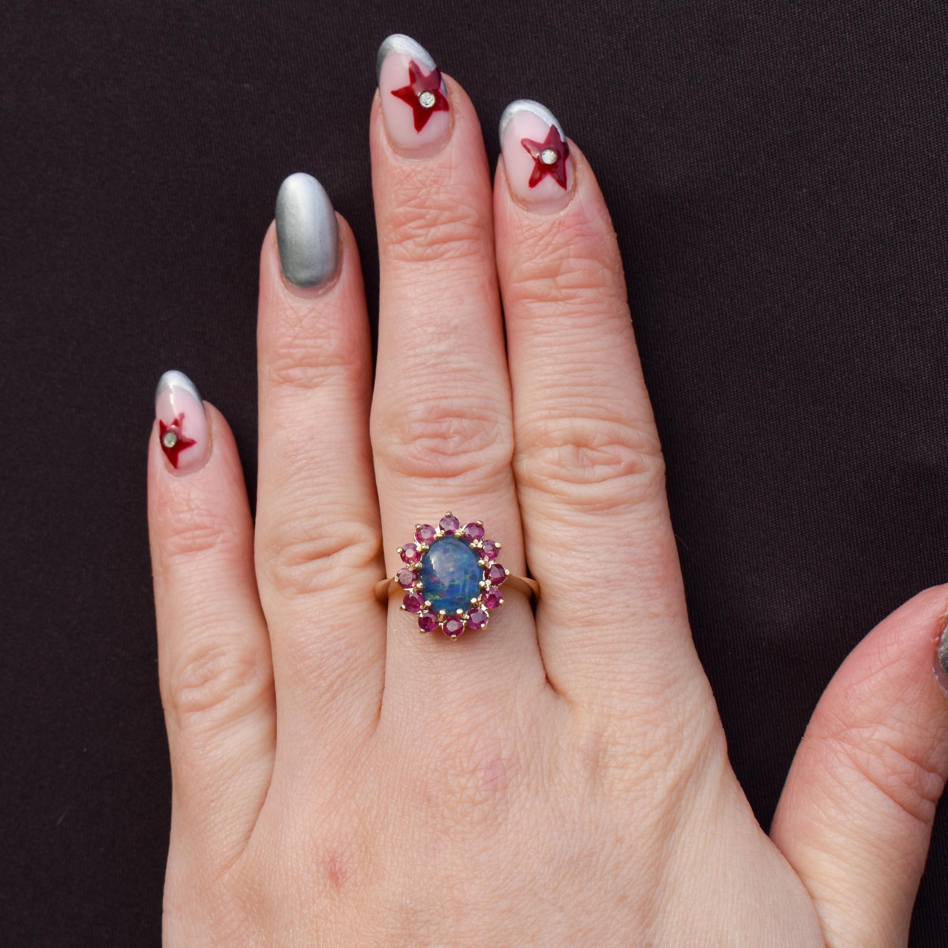 Opal Triplet and Ruby Halo Cluster 9ct Yellow Gold Ring