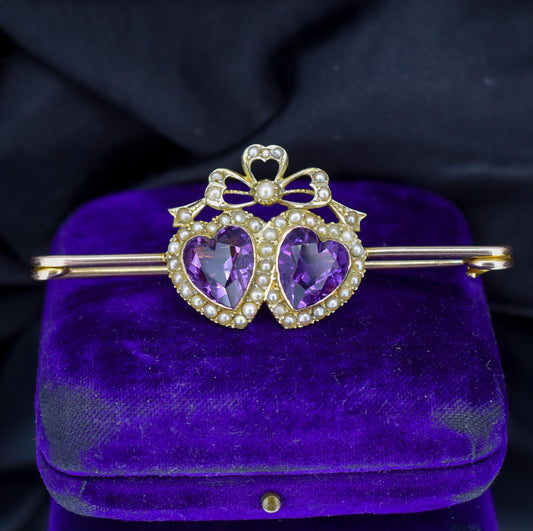 Antique Amethyst Pearl Double Heart and Bow 9ct Gold Brooch Pin