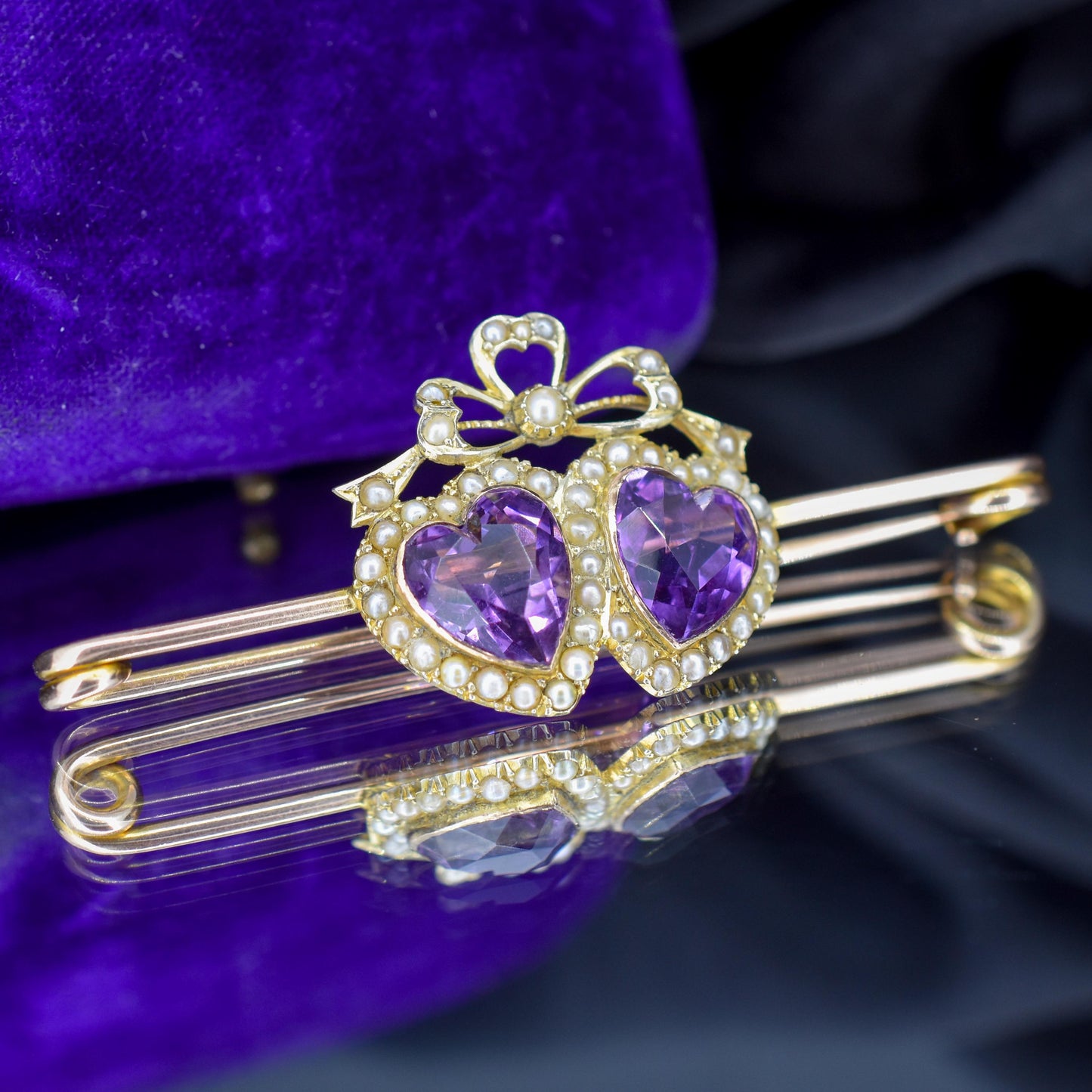 Antique Amethyst Pearl Double Heart and Bow 9ct Gold Brooch Pin