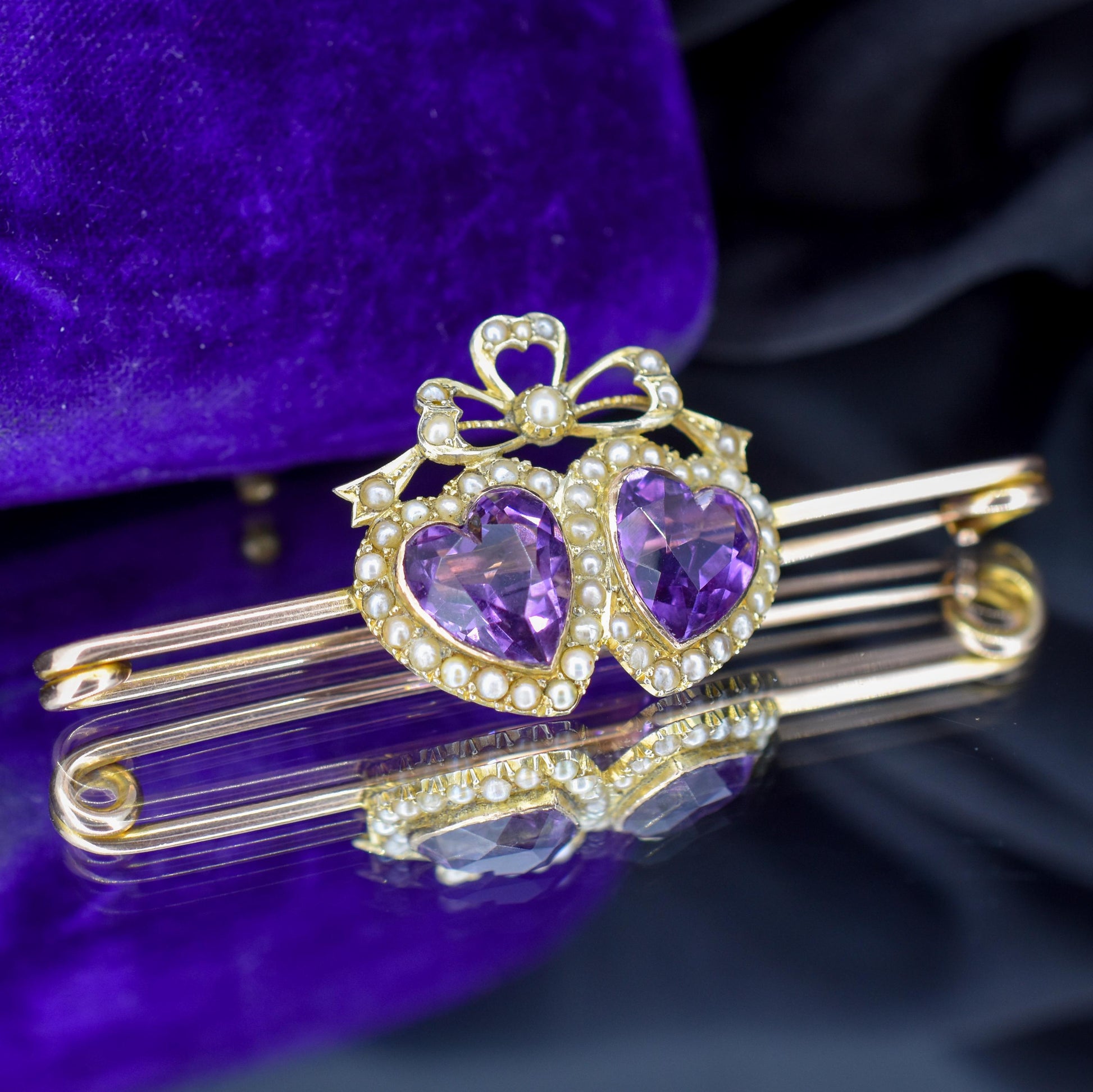 Antique Amethyst Pearl Double Heart and Bow 9ct Gold Brooch Pin