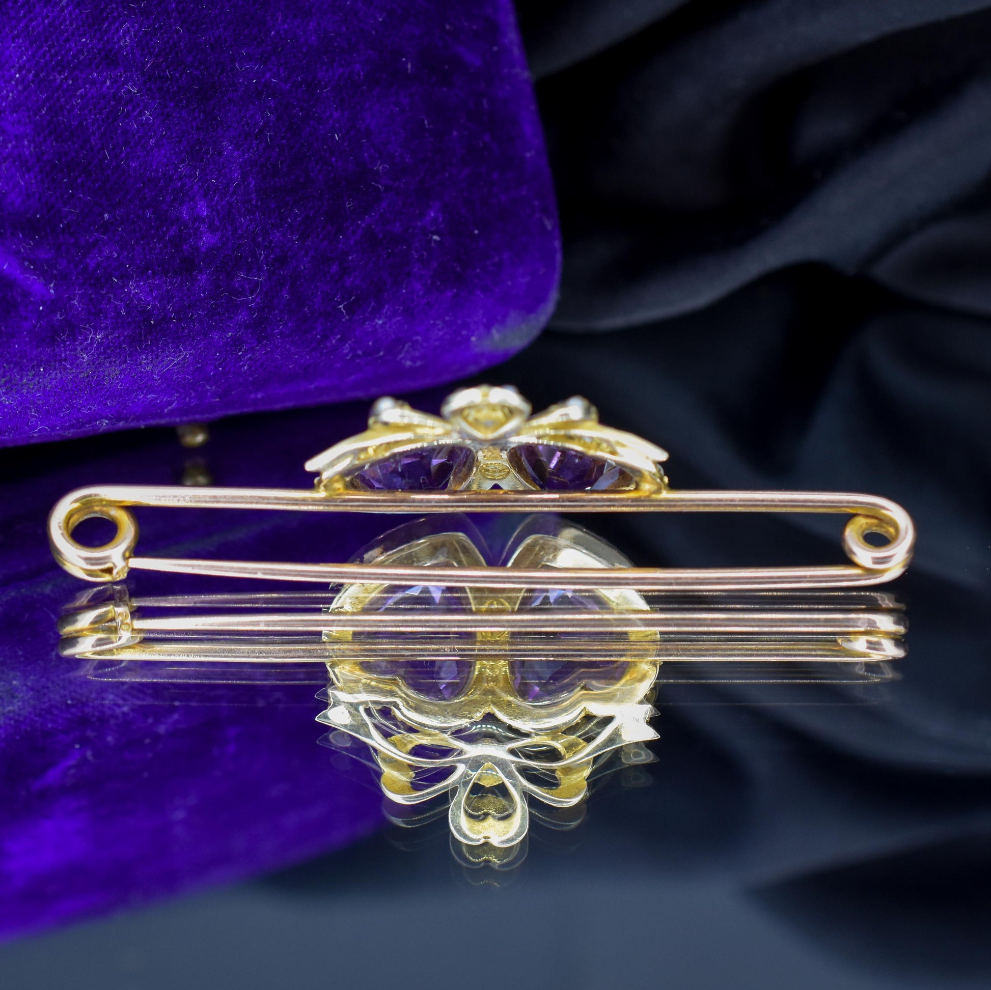 Antique Amethyst Pearl Double Heart and Bow 9ct Gold Brooch Pin