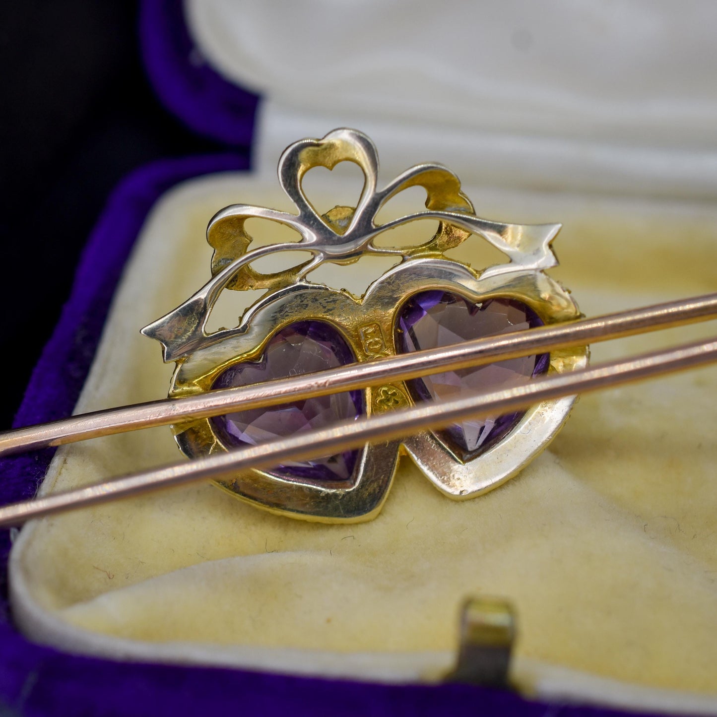 Antique Amethyst Pearl Double Heart and Bow 9ct Gold Brooch Pin