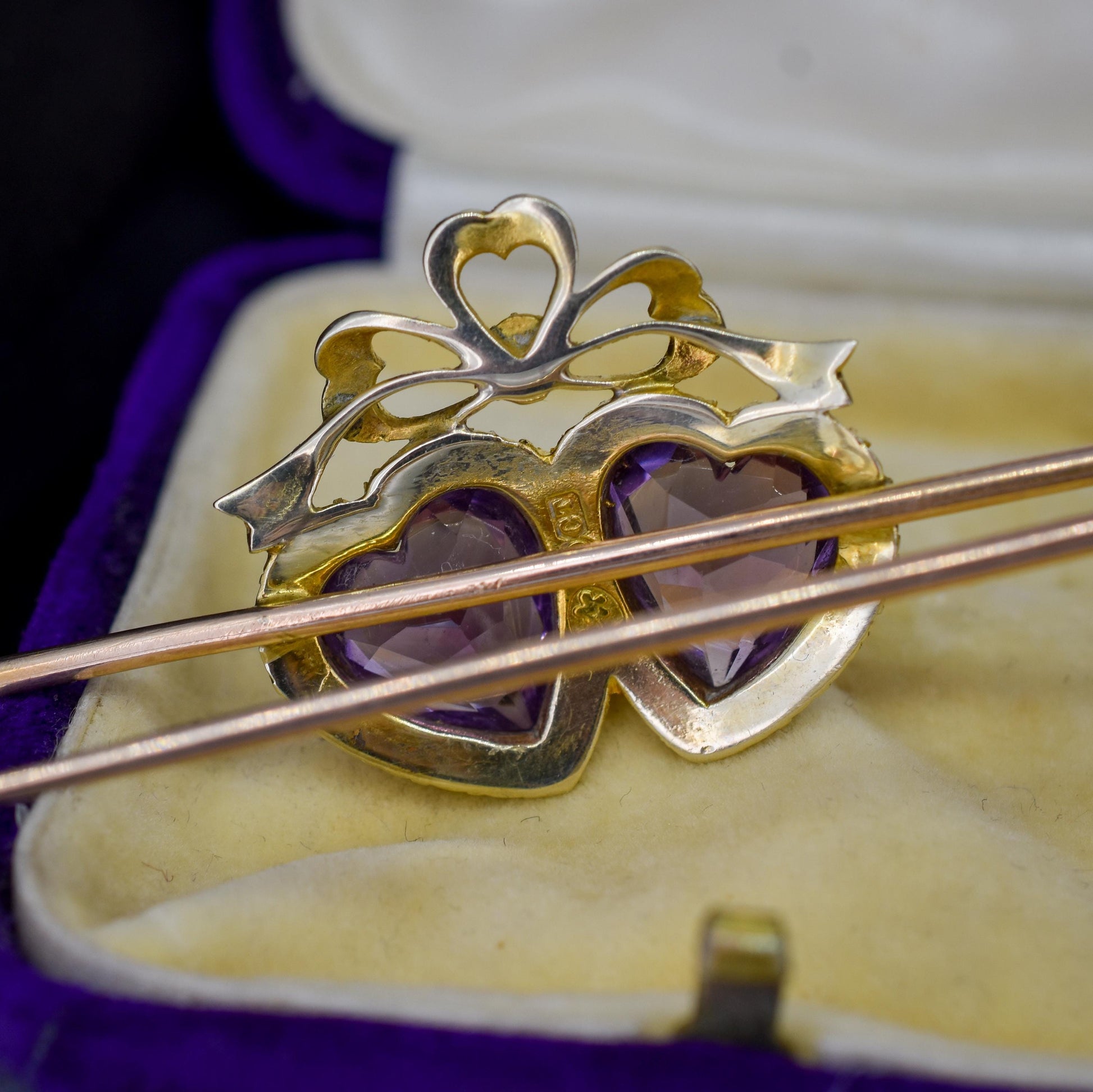 Antique Amethyst Pearl Double Heart and Bow 9ct Gold Brooch Pin