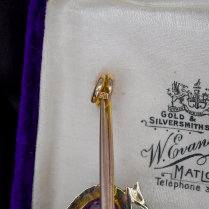 Antique Amethyst Pearl Double Heart and Bow 9ct Gold Brooch Pin