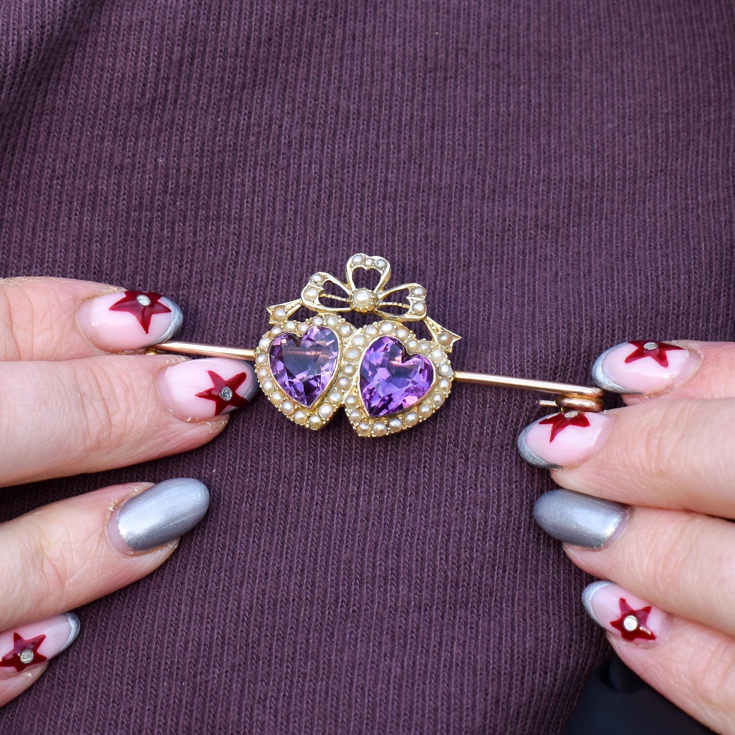 Antique Amethyst Pearl Double Heart and Bow 9ct Gold Brooch Pin