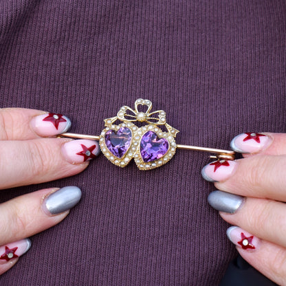 Antique Amethyst Pearl Double Heart and Bow 9ct Gold Brooch Pin